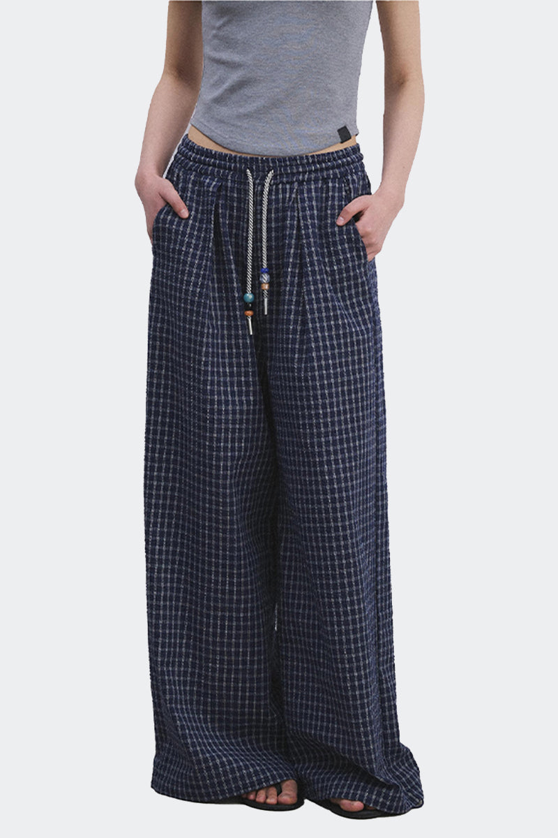 Checked Drawstring Wide Leg Pants