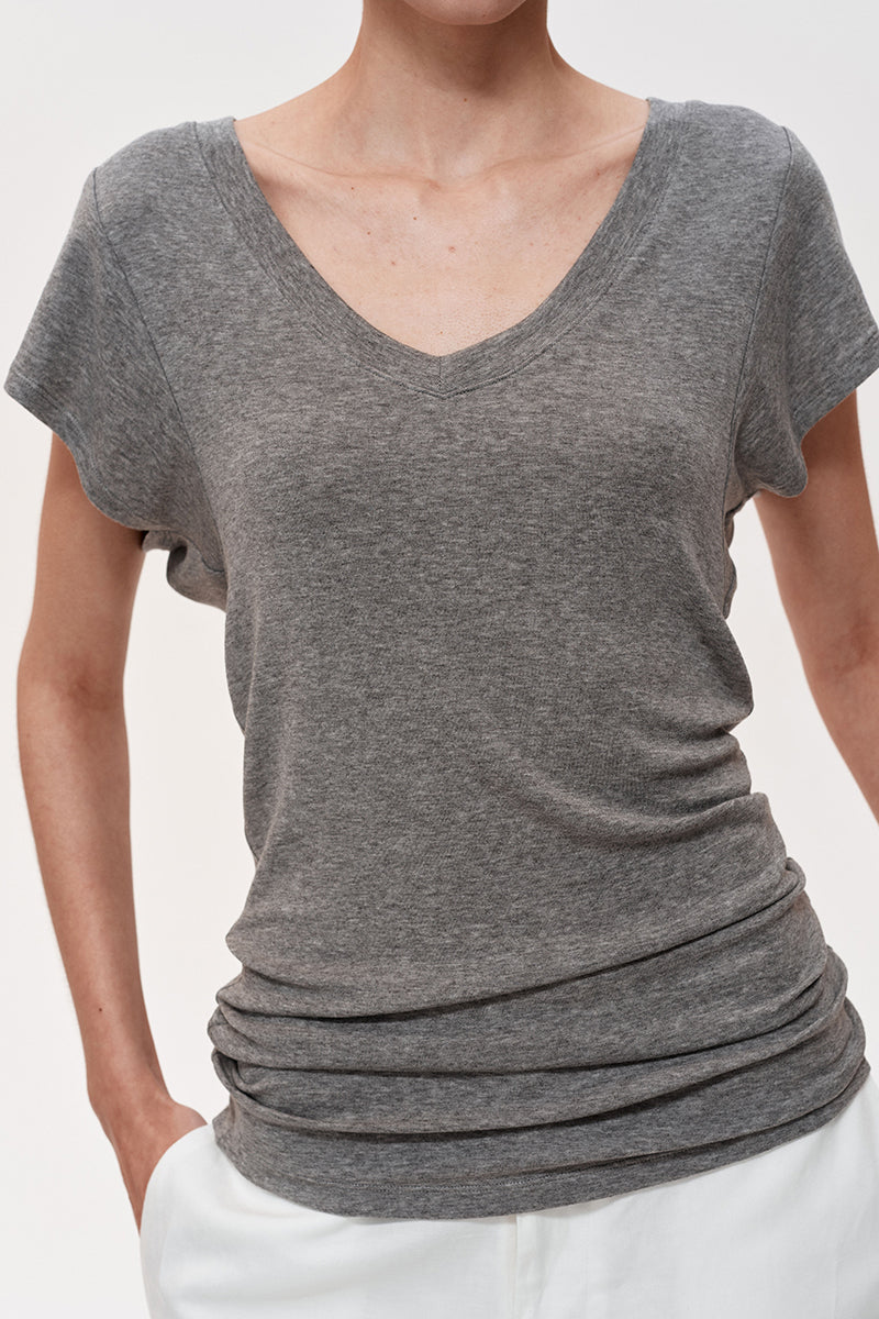 V-Neck Ruched Cap Sleeve T-Shirt