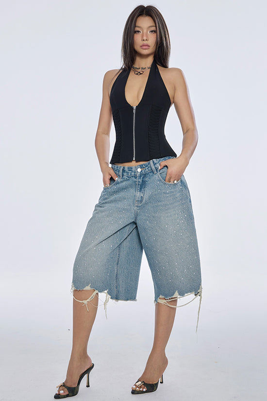 Distressed Sparkle Denim Bermuda Shorts