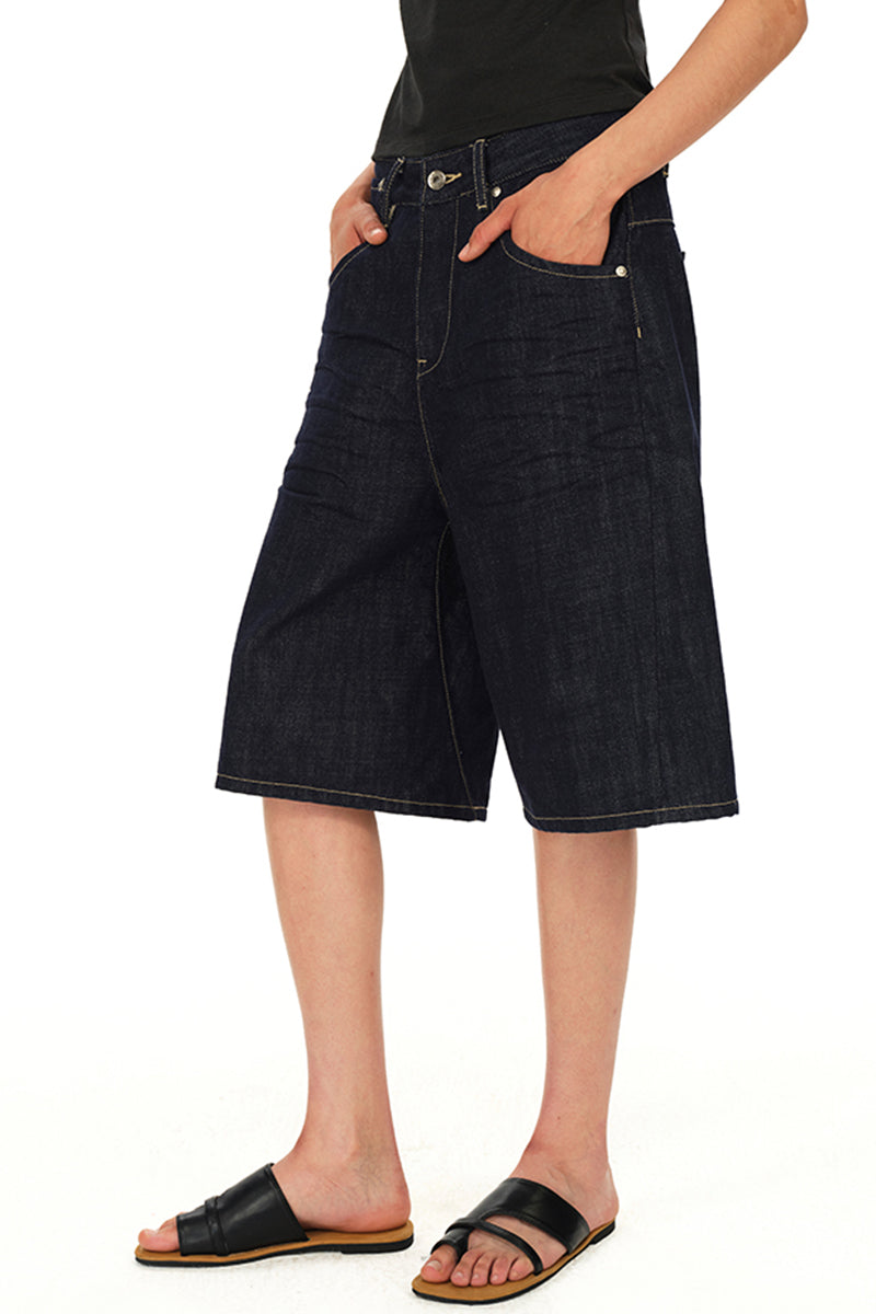 Dark Wash Wide Denim Shorts