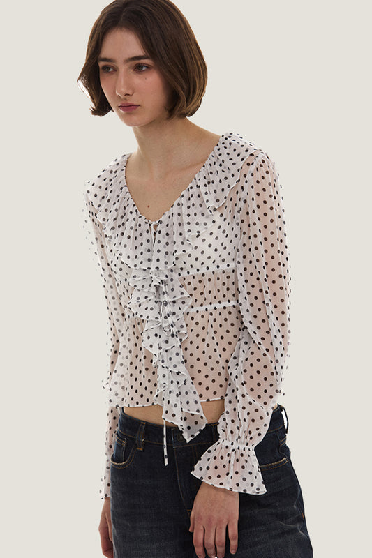 Ruffle Trim Polka Dot Blouse