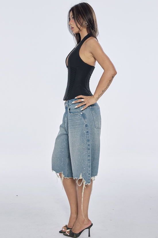 Distressed Sparkle Denim Bermuda Shorts