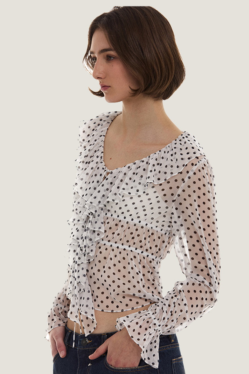 Ruffle Trim Polka Dot Blouse