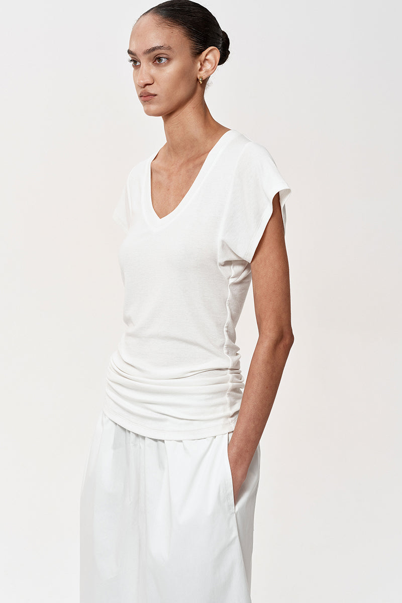 V-Neck Ruched Cap Sleeve T-Shirt
