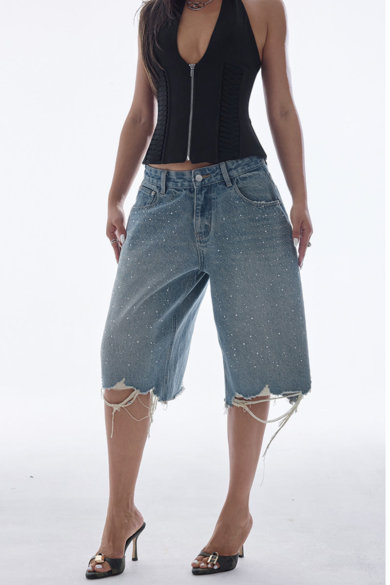 Distressed Sparkle Denim Bermuda Shorts