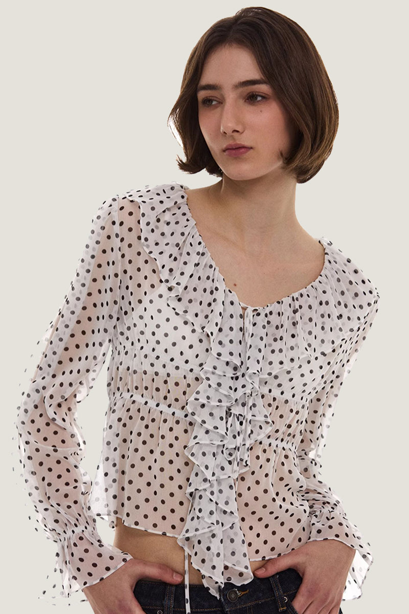 Ruffle Trim Polka Dot Blouse