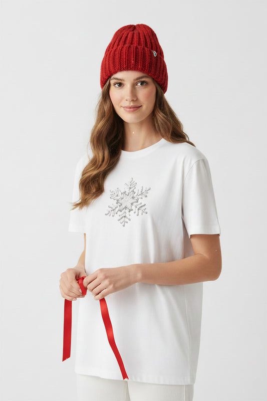 Frosted Silver Snowflake Embroidered T-Shirt