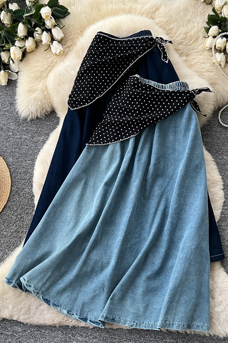 Polka-Dot Tie Detail Denim Skirt
