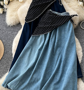 Polka-Dot Tie Detail Denim Skirt
