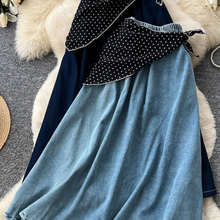Polka-Dot Tie Detail Denim Skirt