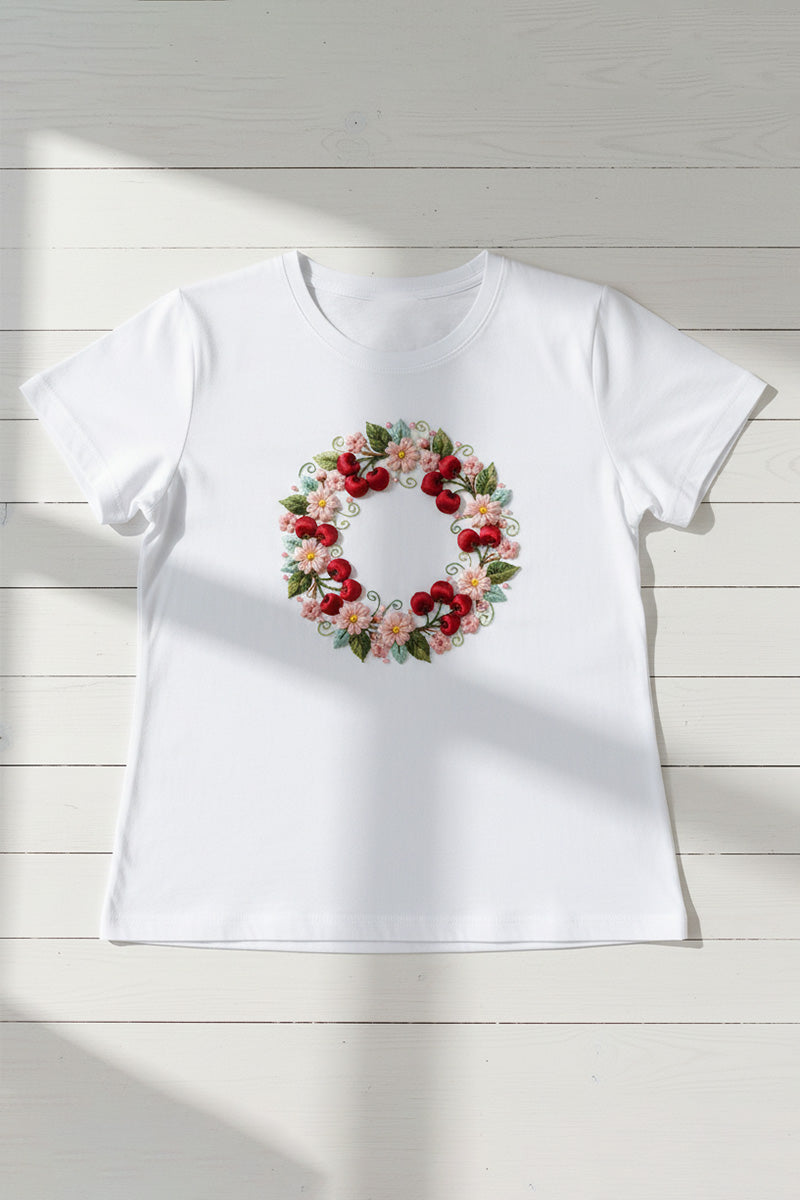 Cherry Wreath Embroidered T-Shirt