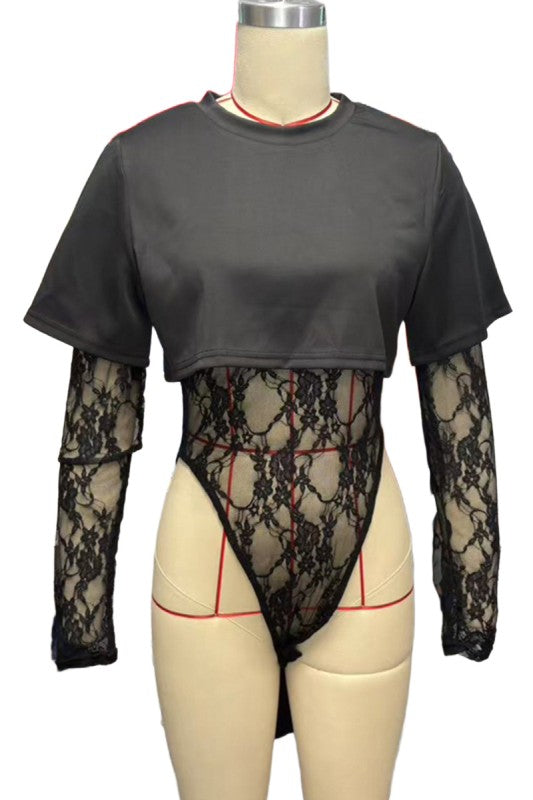 Lace Bodysuit Two-Piece Long Sleeve Set