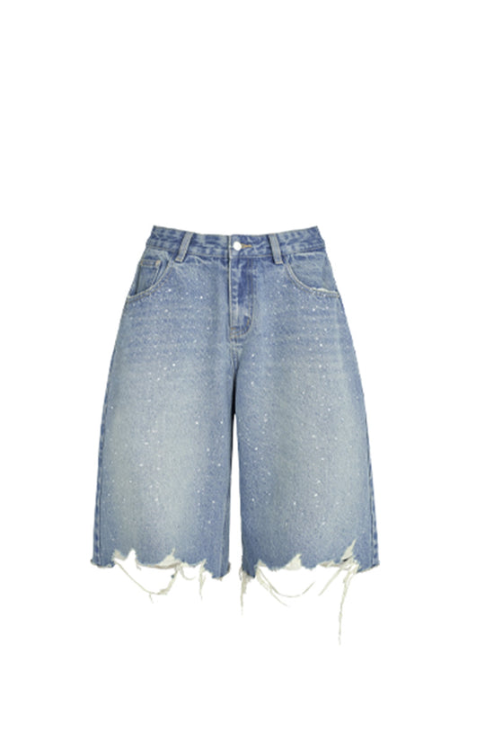 Distressed Sparkle Denim Bermuda Shorts