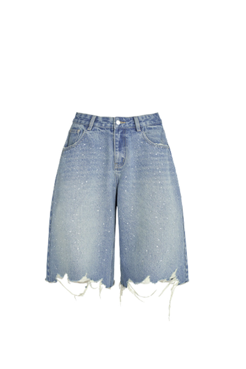 Distressed Sparkle Denim Bermuda Shorts