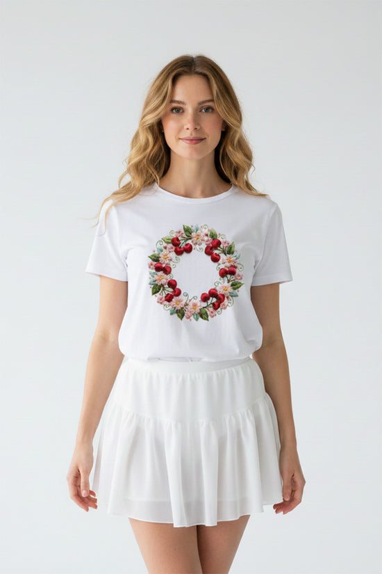 Cherry Wreath Embroidered T-Shirt