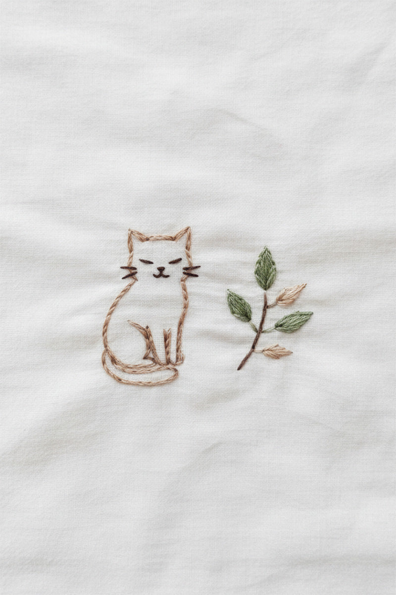 Cat & Leaf Embroidered T-Shirt