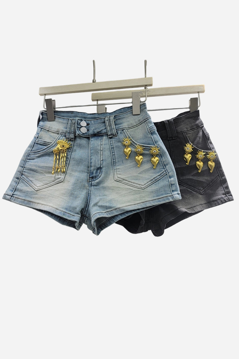 Embellished Low Waist Denim Shorts