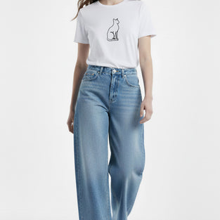 Minimal Cat Outline Embroidered T-Shirt