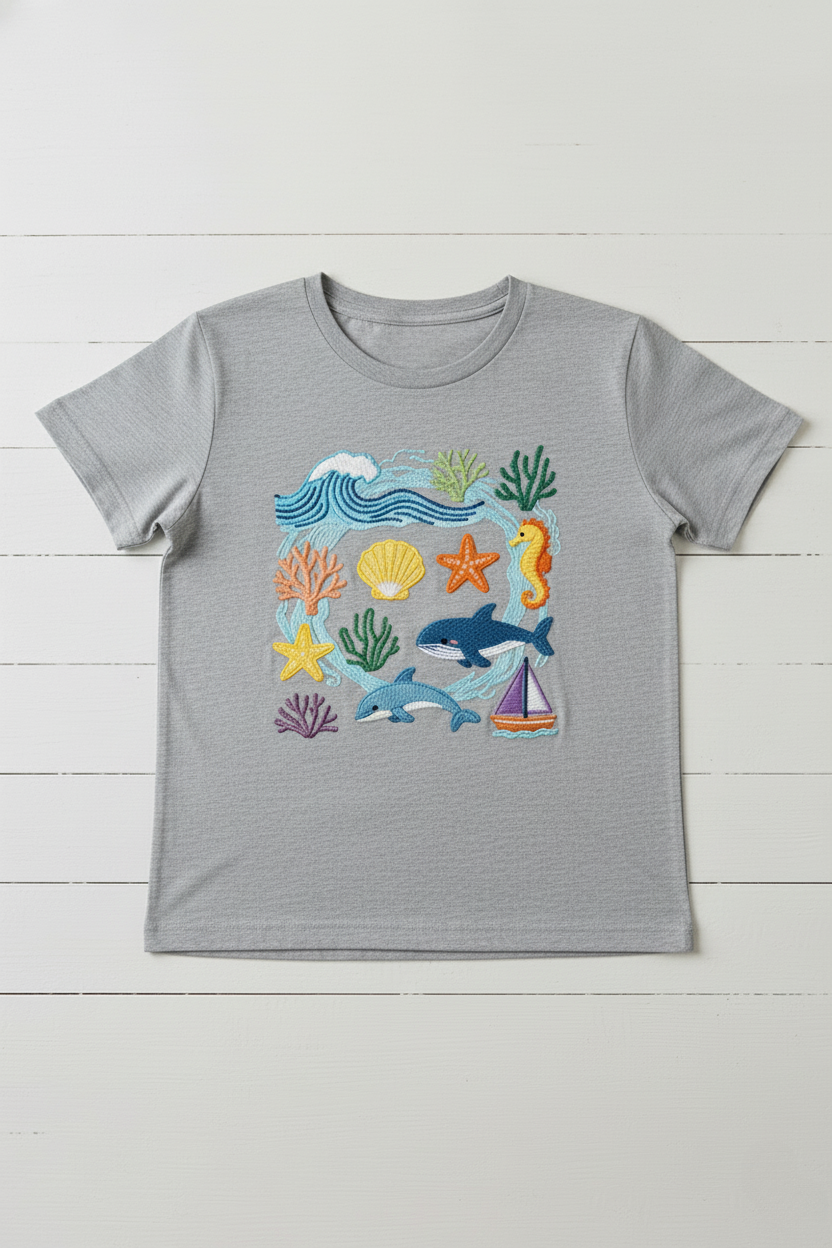 Sea Life Mosaic Embroidered T-Shirt