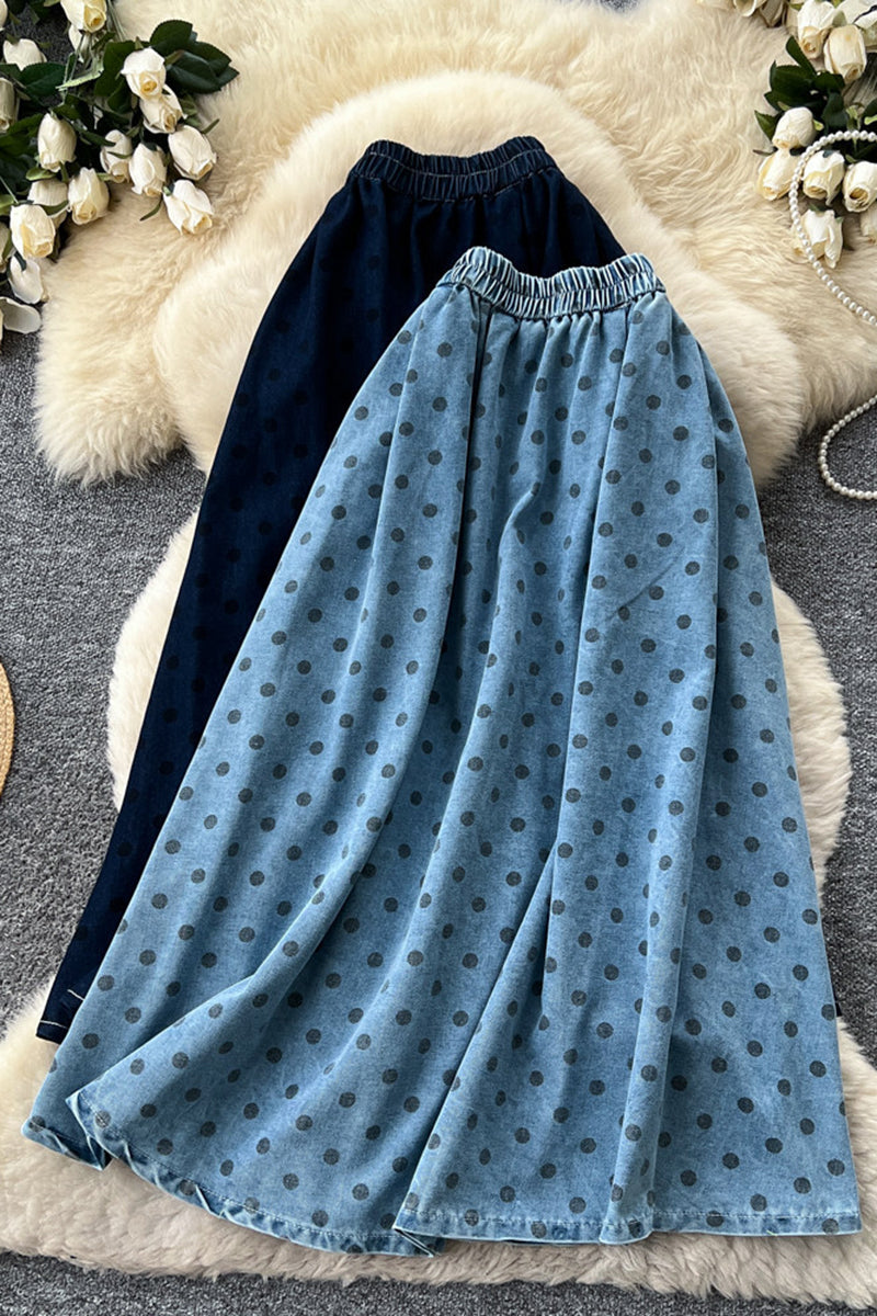 Polka Dot Flowy Denim Midi Skirt