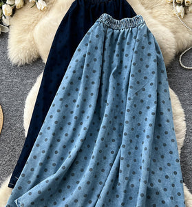 Polka Dot Flowy Denim Midi Skirt
