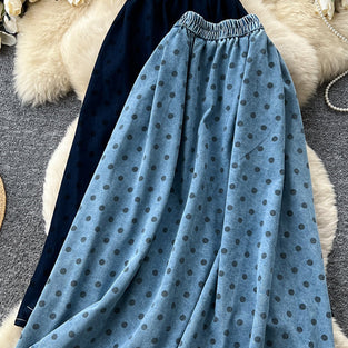 Polka Dot Flowy Denim Midi Skirt