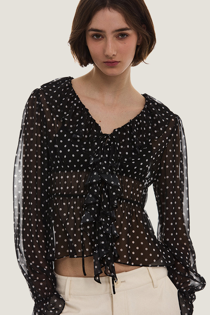 Ruffle Trim Polka Dot Blouse
