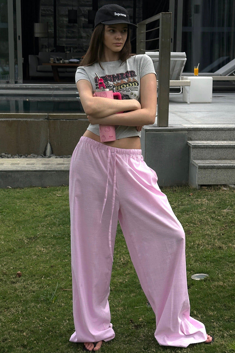 Pink Striped Elastic Waist Pants
