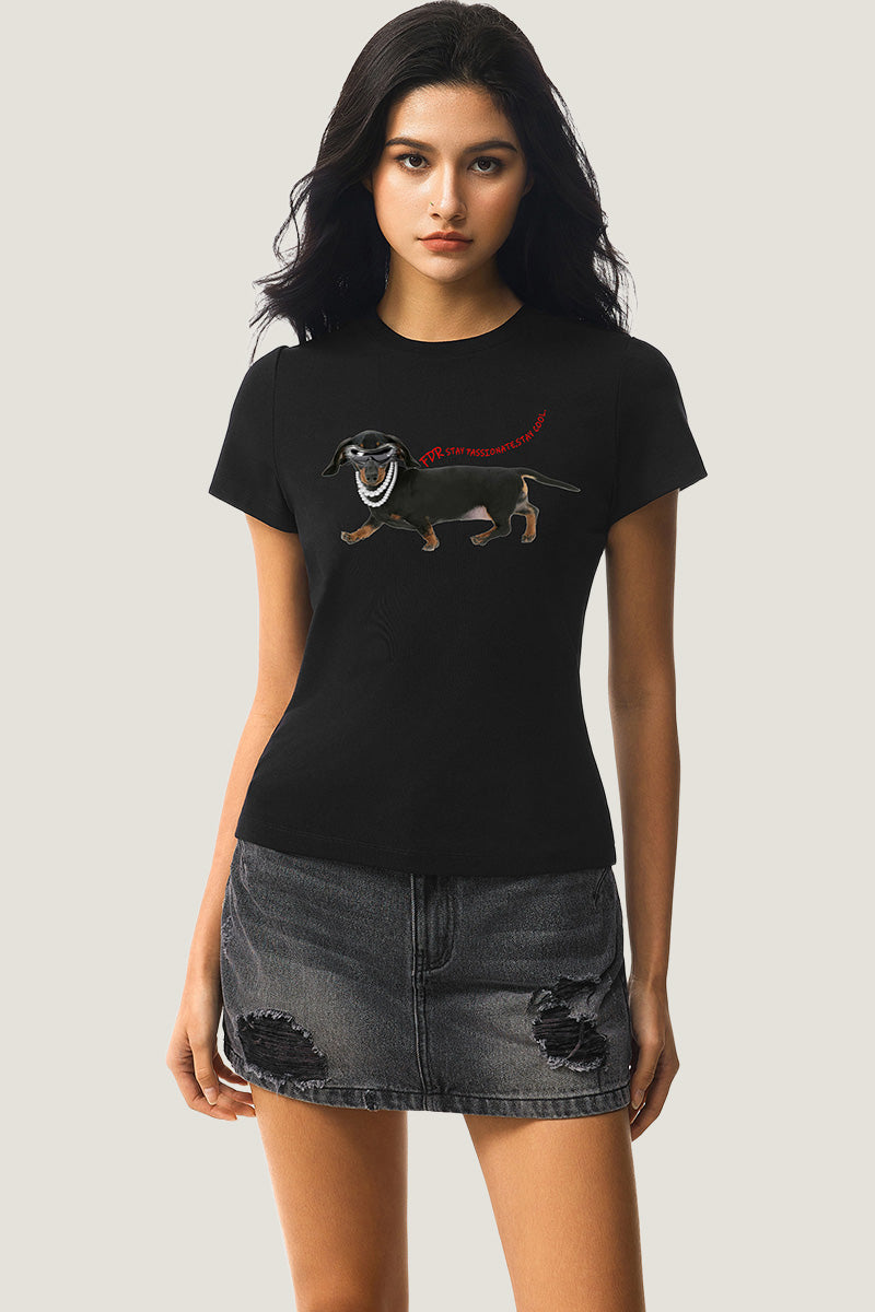 Dark Graphic Dog Print Fitted Tee