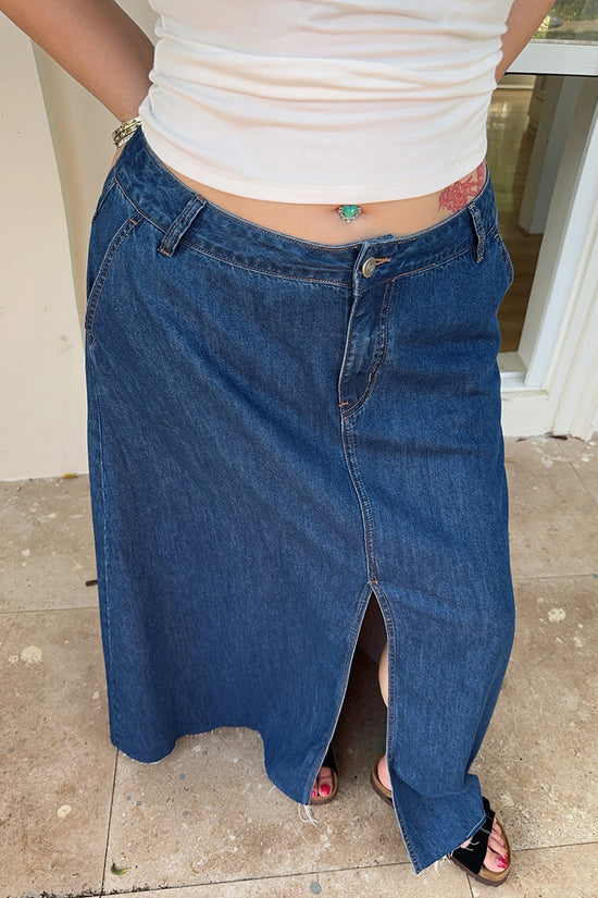 High-Waisted Front Slit Denim Skirt