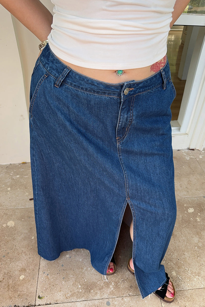 High-Waisted Front Slit Denim Skirt