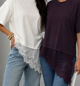 Asymmetrical Lace Hem T-Shirt