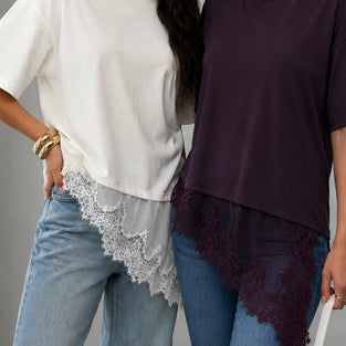 Asymmetrical Lace Hem T-Shirt