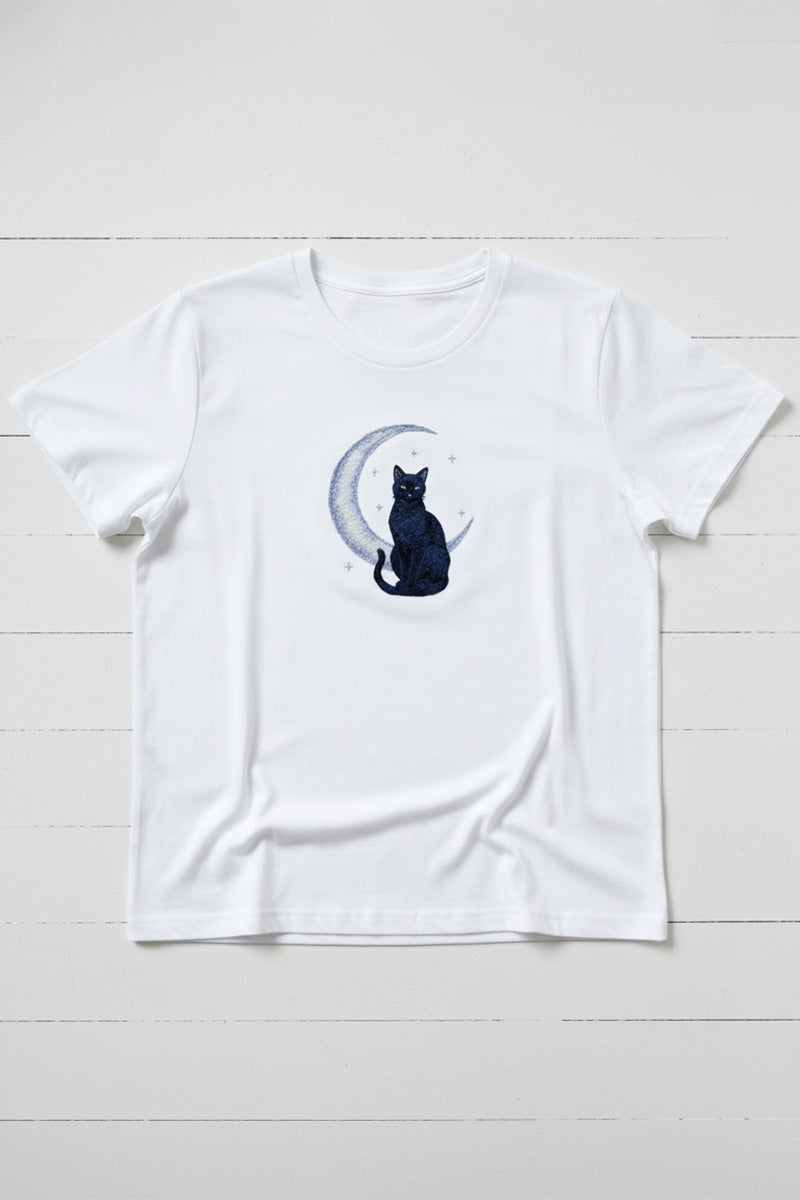 Moon Cat Embroidered T-Shirt