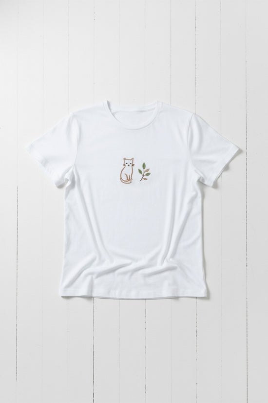 Cat & Leaf Embroidered T-Shirt