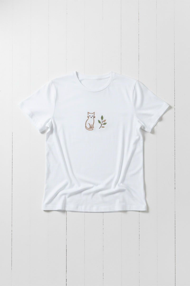 Cat & Leaf Embroidered T-Shirt