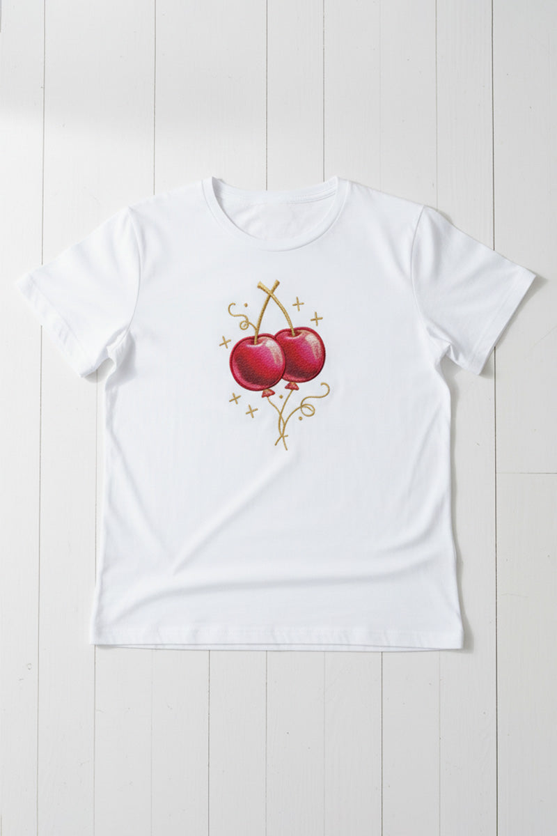 Golden Cherry Spark Embroidered T-Shirt