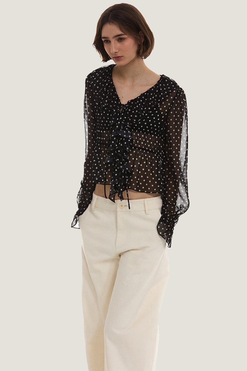 Ruffle Trim Polka Dot Blouse