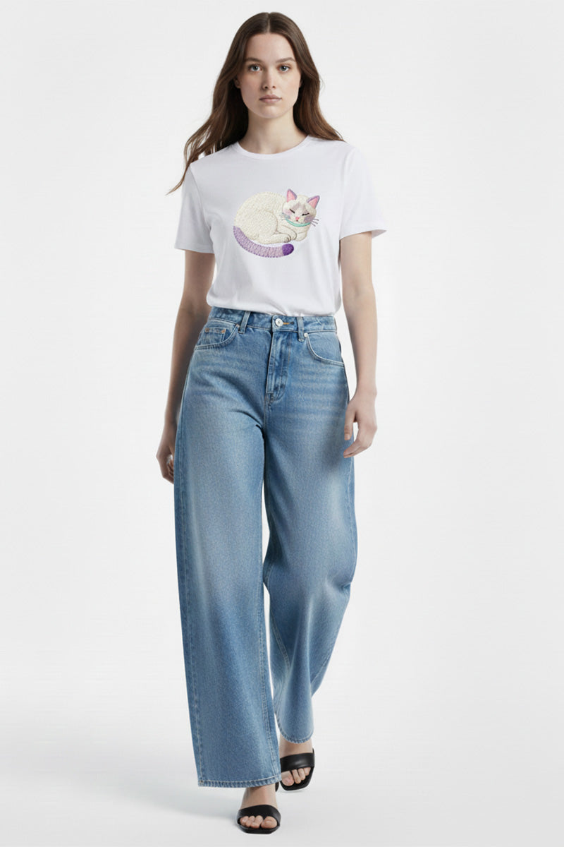Cozy Cat Embroidered T-Shirt