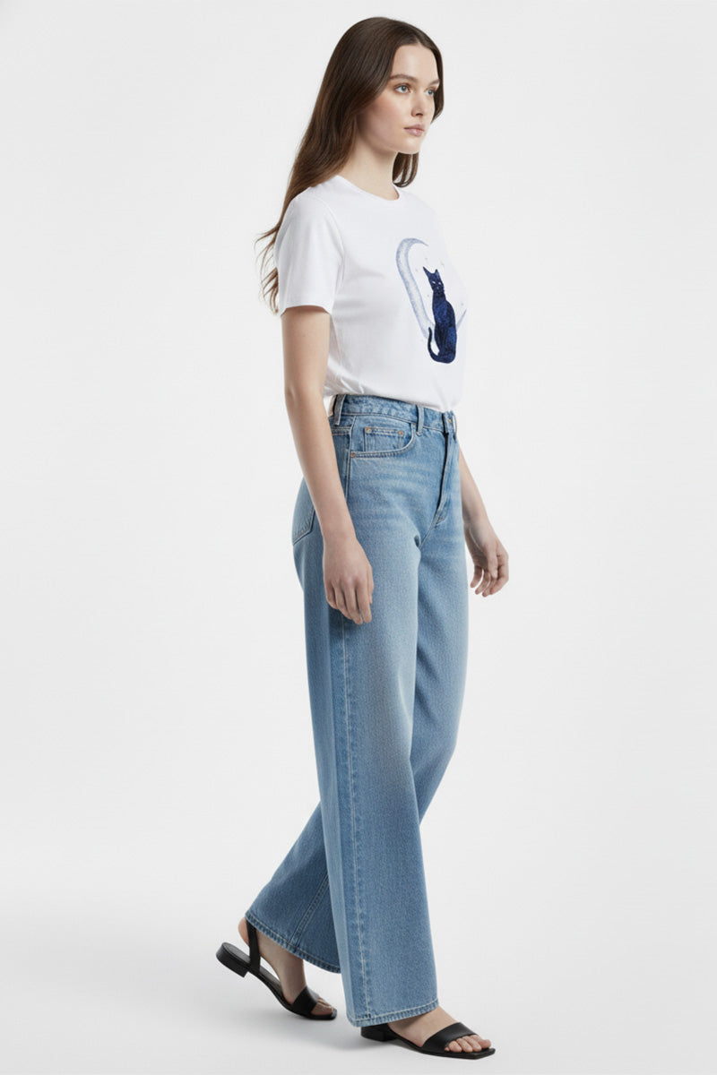 Moon Cat Embroidered T-Shirt