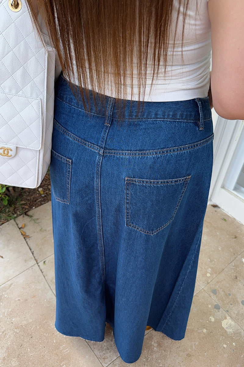 High-Waisted Front Slit Denim Skirt