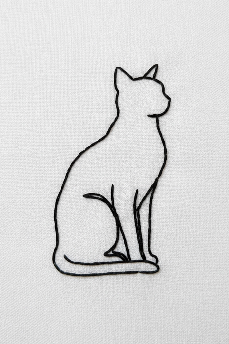 Minimal Cat Outline Embroidered T-Shirt