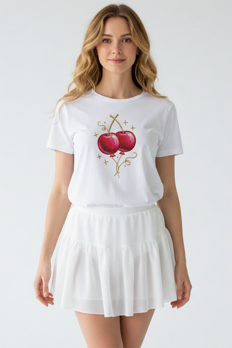 Golden Cherry Spark Embroidered T-Shirt
