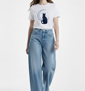 Moon Cat Embroidered T-Shirt