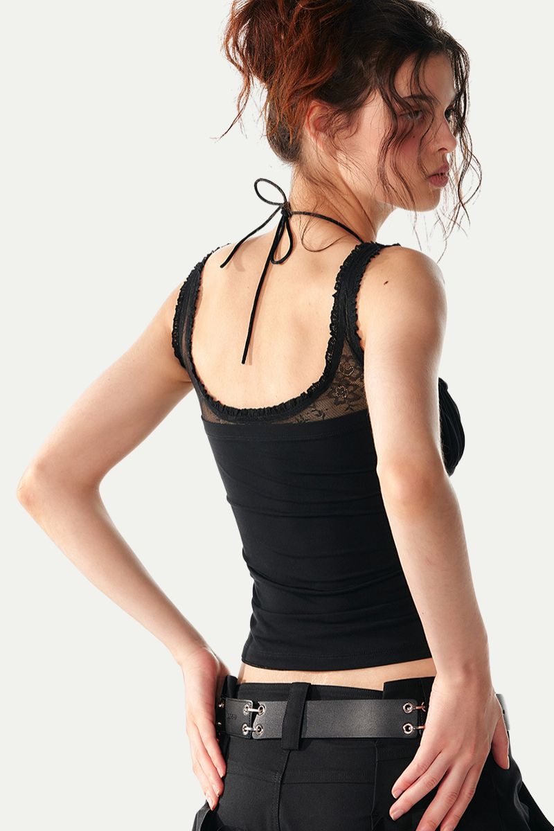 Sheer Lace Panel Strappy Cami Top