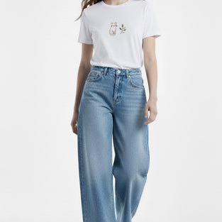 Cat & Leaf Embroidered T-Shirt