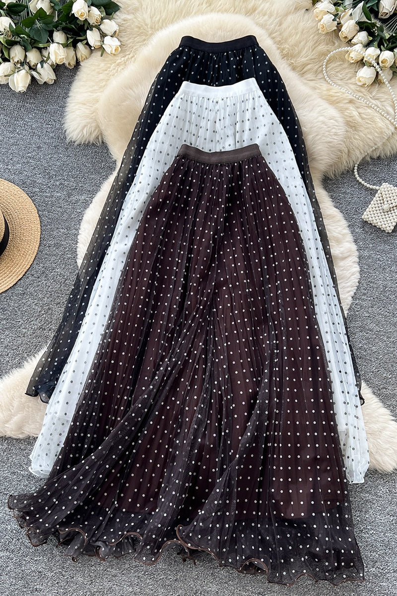 Polka Dot Sheer Pleated Midi Skirt