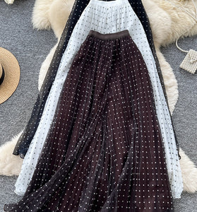 Polka Dot Sheer Pleated Midi Skirt