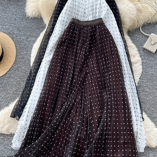 Polka Dot Sheer Pleated Midi Skirt