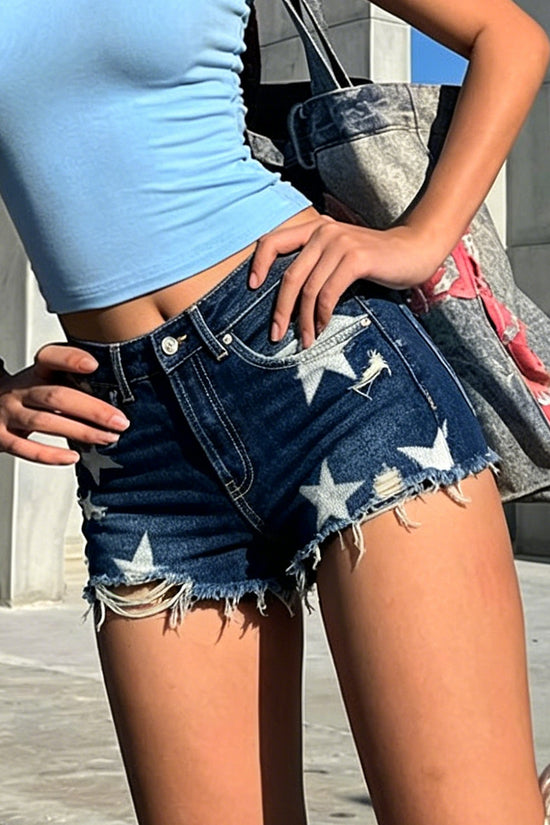 Star Print Distressed Denim Shorts